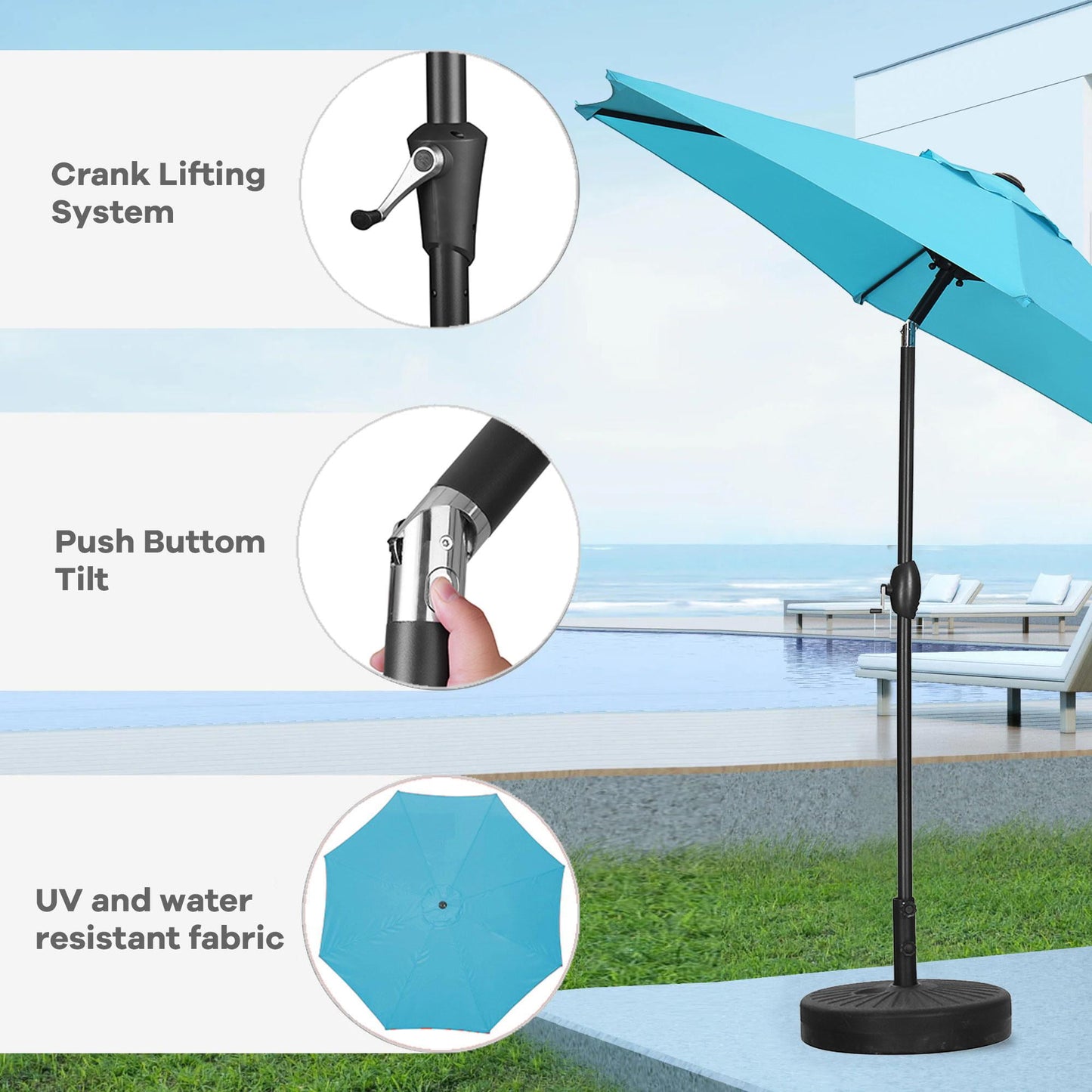 Autlaycil Patio Umbrella 9FT Outdoor Umbrella with Tilt, Crank and Umbrella Base, Adjustable Outdoor Market Umbrella for Garden, Lawn, Backyard and Pool-Blue