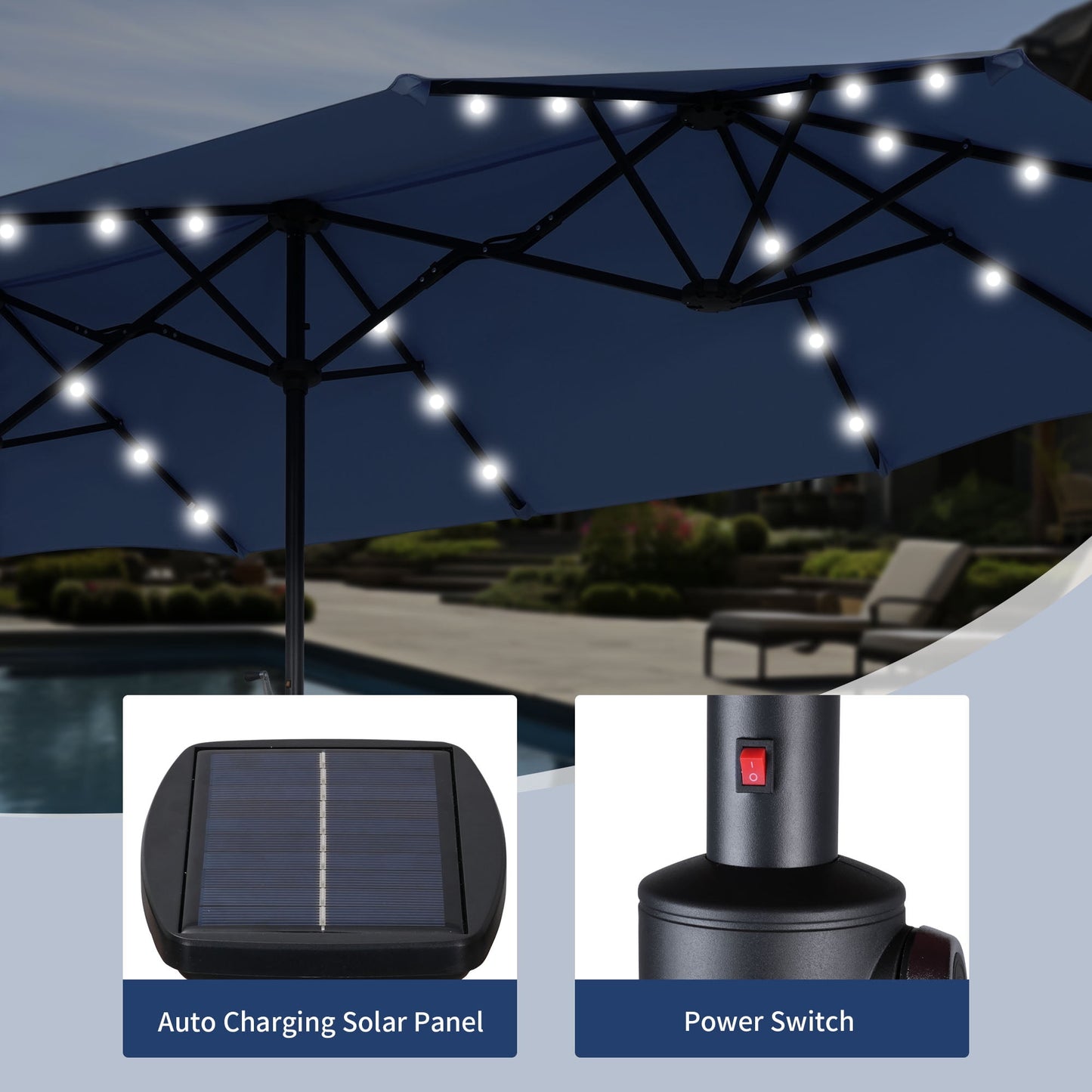 Autlaycil 13 Ft Solar LED Patio Umbrella, 36 Solar Powered LED Lights & Crank System for Garden, Deck, Poolside, Patio, Navy Blue