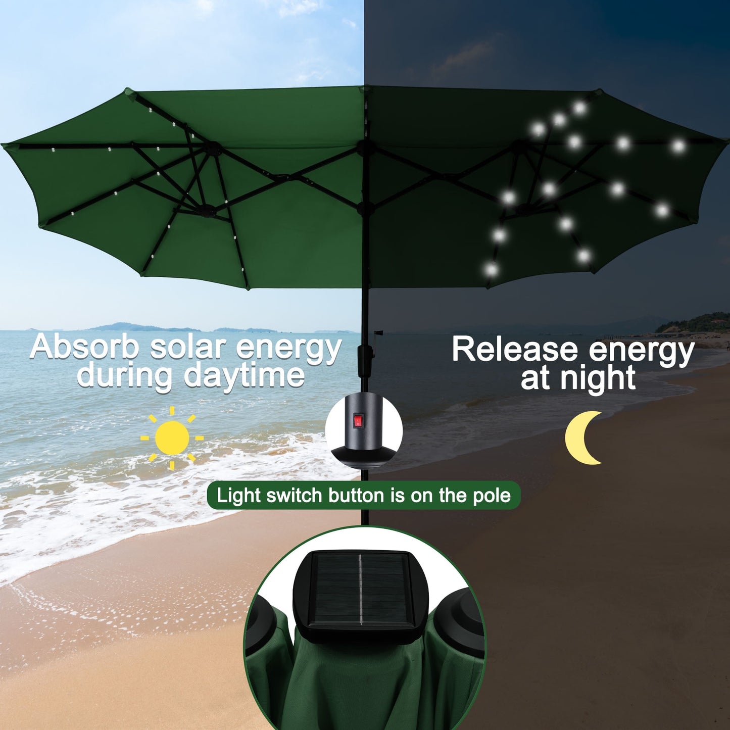 Autlaycil 13 ft Rectangle Patio Umbrella with Umbrella Base 36 LED lights for Market Patio Solar Umbrella (Green)
