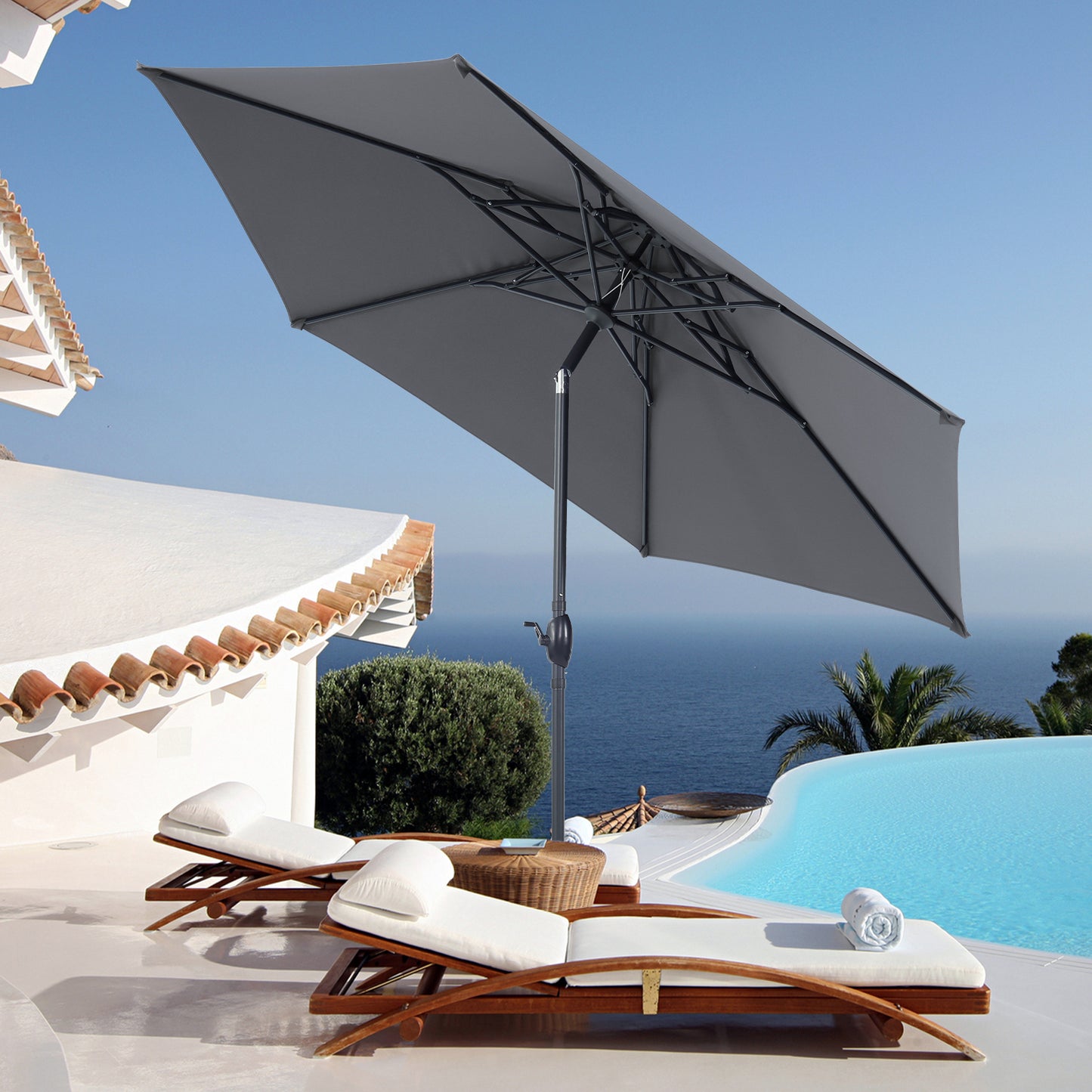 Autlaycil 10ft Gray Patio Umbrella with 3-Tier Windproof Stable Frame, Spider-arm Structure for Pool, Yard, Garden, Deck, Outdoor