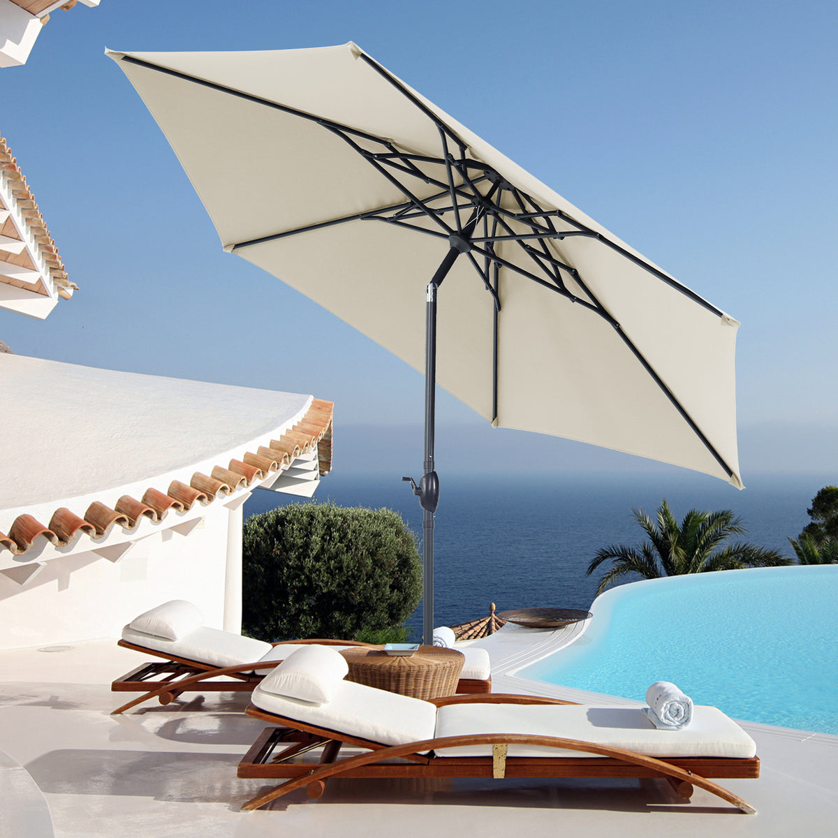Autlaycil 10ft Beige Patio Umbrella with Push Button Tilt and Crank, 3-Tier Frame Octopus-arm Structure for Garden, Deck, Table, Pool