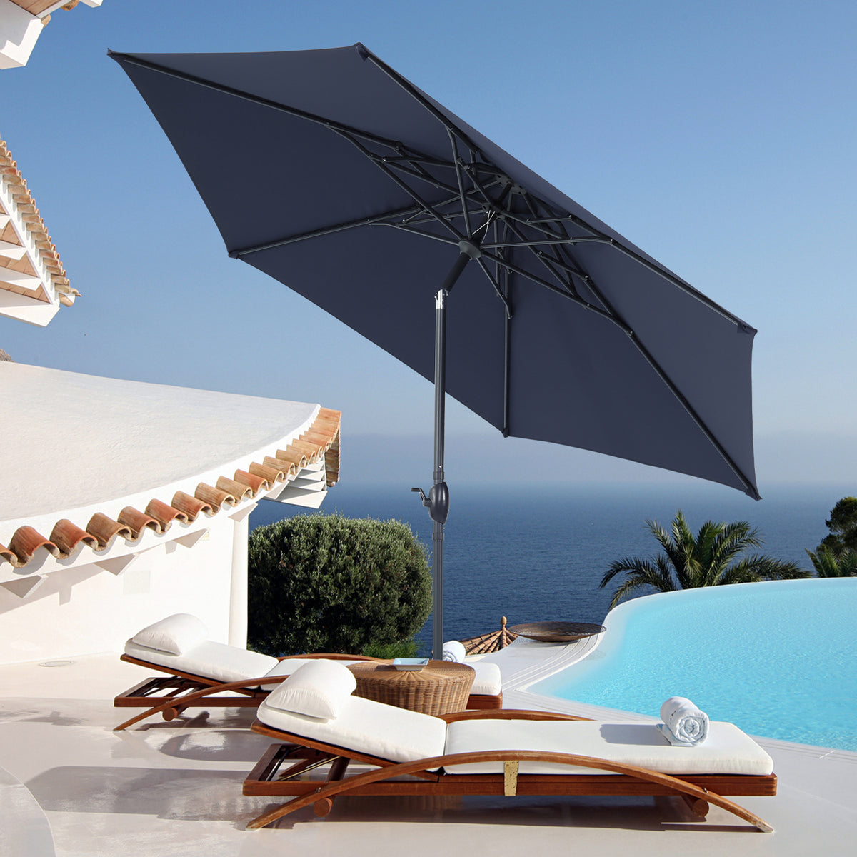 Autlaycil 10ft Navy Blue Patio Umbrella with 3-Tier Windproof Stable Frame, Spider-arm Structure for Pool, Yard, Garden, Deck, Outdoor