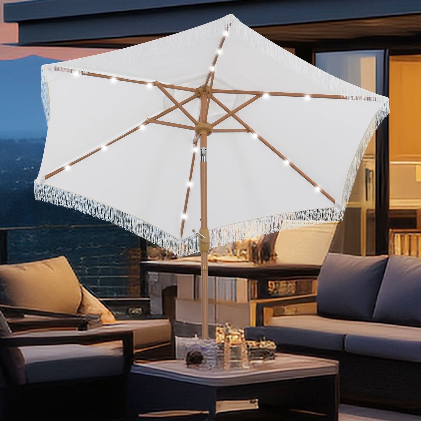 Autlaycil 7.5 ft White Tassel Patio Umbrella with Base, 18 LED Lights Solar, and Push Button Tilt and Crank