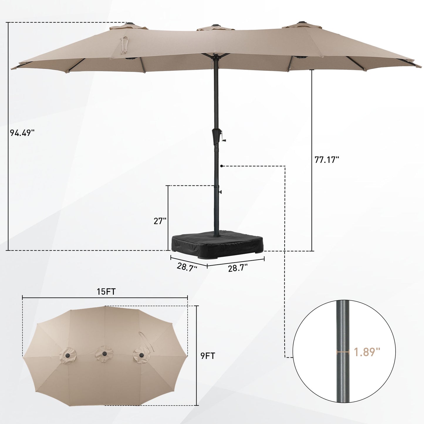 Autlaycil 15 ft Rectangle Patio Umbrella with Umbrella Base, Crank, Outdoor Market Umbrella (Khaki)
