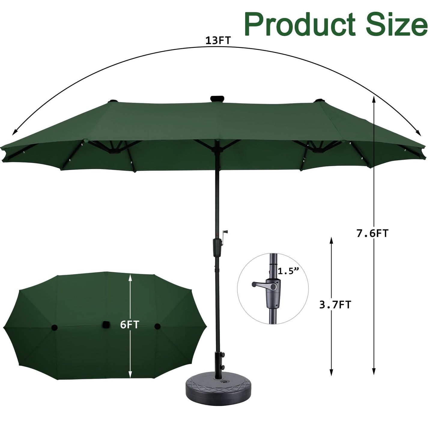 Autlaycil 13 ft Rectangle Patio Umbrella with Umbrella Base 36 LED lights for Market Patio Solar Umbrella (Green)