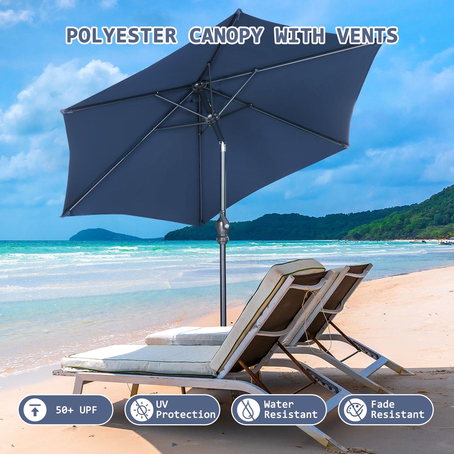 Autlaycil 7.5 ft Navy Blue Patio Umbrella and Decorated Base, with Push Button Tilt and Crank for Beach, Pool, Outdoor