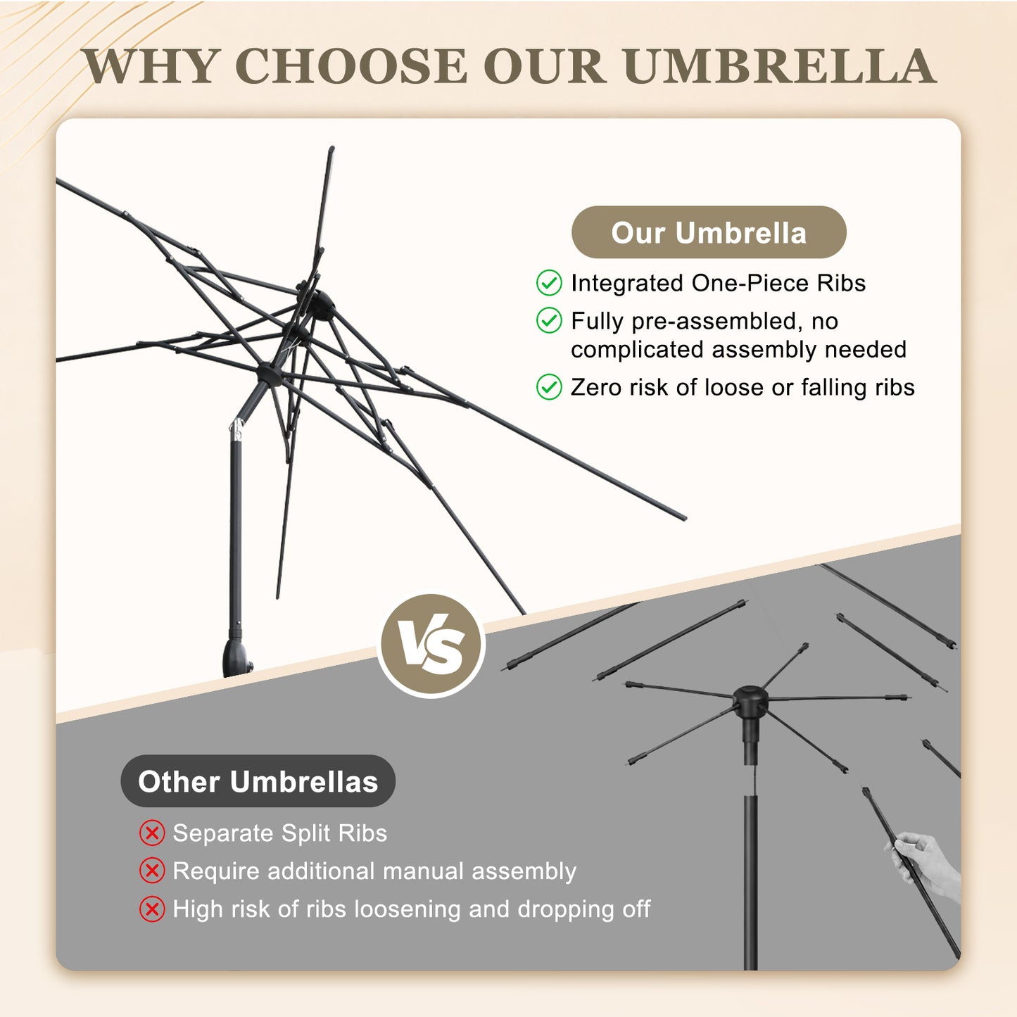 Autlaycil 10ft Solar Patio Umbrella with Lights, 3-Tier Windproof Stable Frame, Spider-arm Structure with Steel Tilt and Crank-Beige