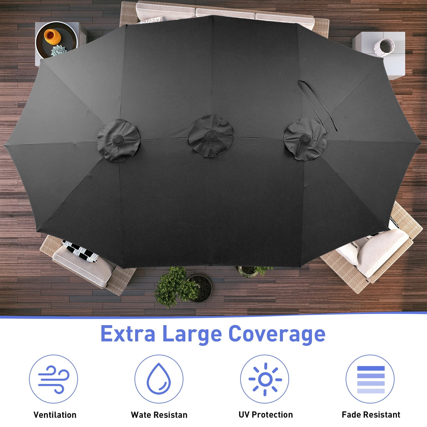Autlaycil 15 ft Rectangle Patio Umbrella with Umbrella Base, Crank, Outdoor Market Umbrella (Black)
