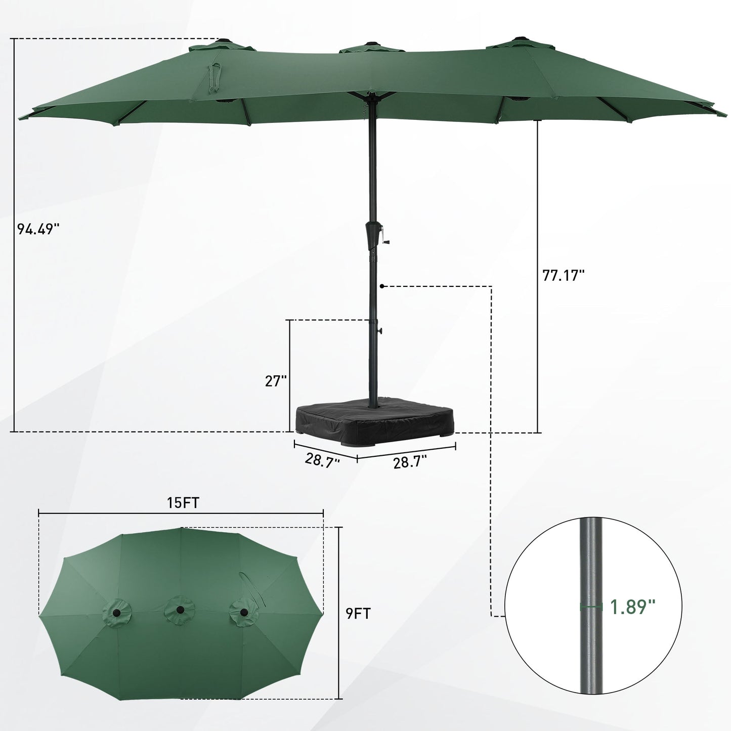 Autlaycil 15 ft Rectangle Patio Umbrella with Umbrella Base, Crank, Outdoor Market Umbrella (Green)