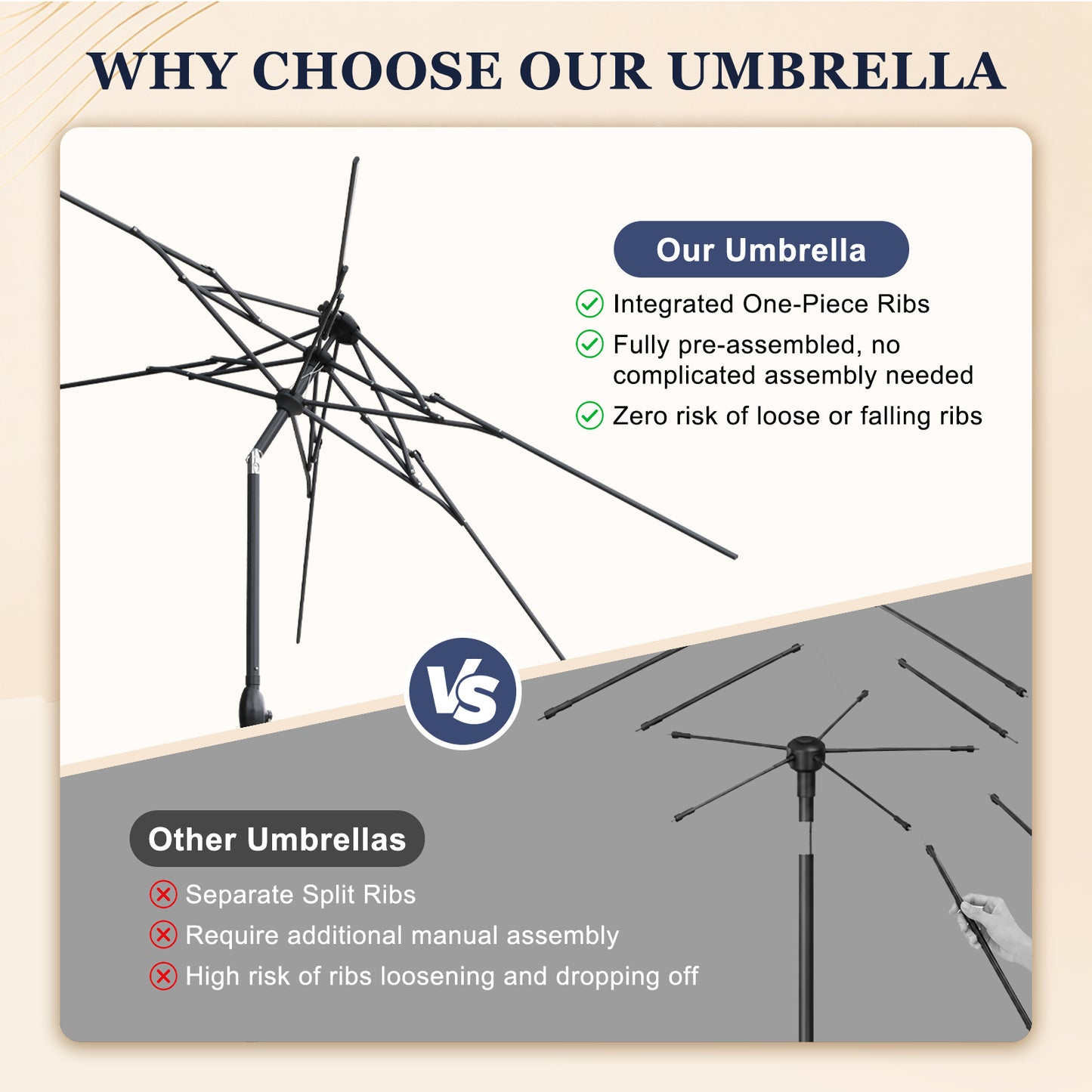 Autlaycil 10ft Solar Patio Umbrella with Lights, 3-Tier Windproof Stable Frame, Spider-arm Structure with Steel Tilt and Crank-Navy Blue
