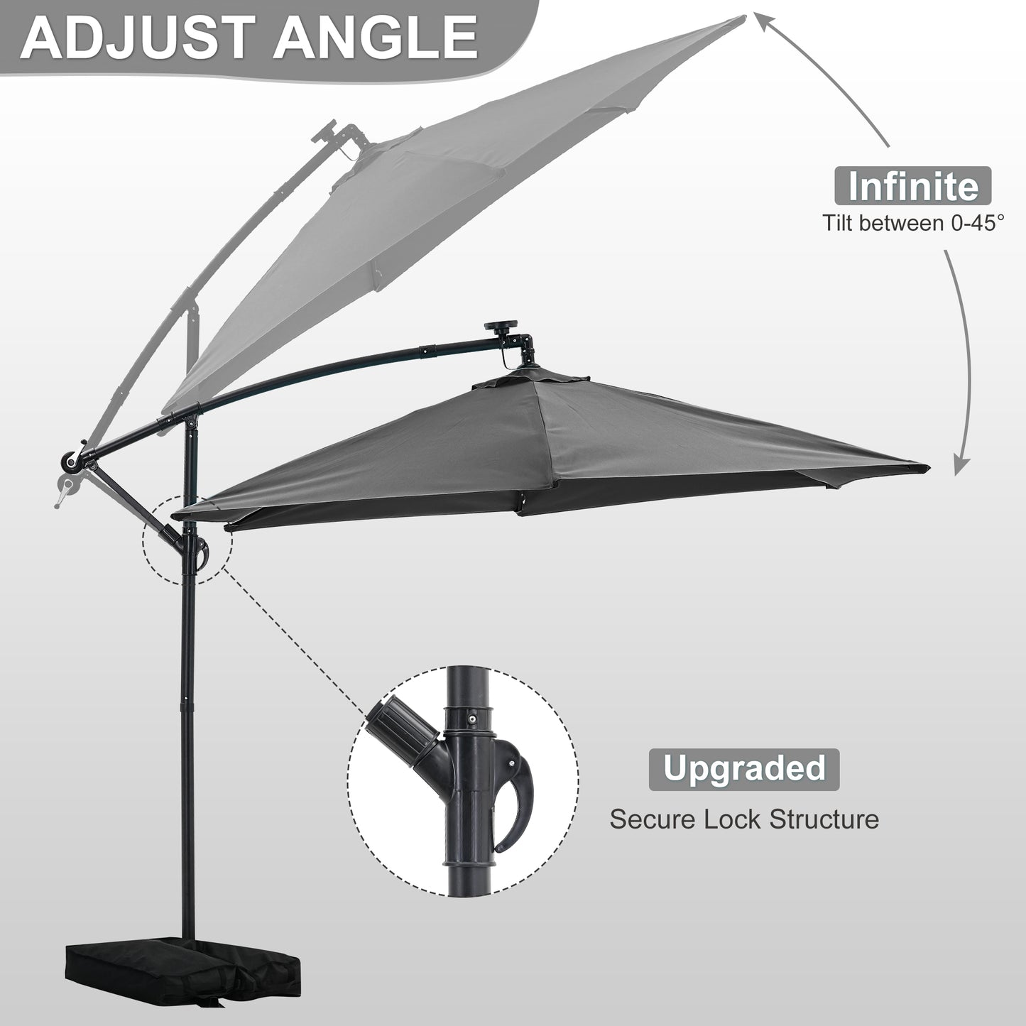 Autlaycil 10 ft Cantilever Offset Outdoor Patio Umbrella with Base Stand Rotate and Tilt,24 Solar LED Lights, Black
