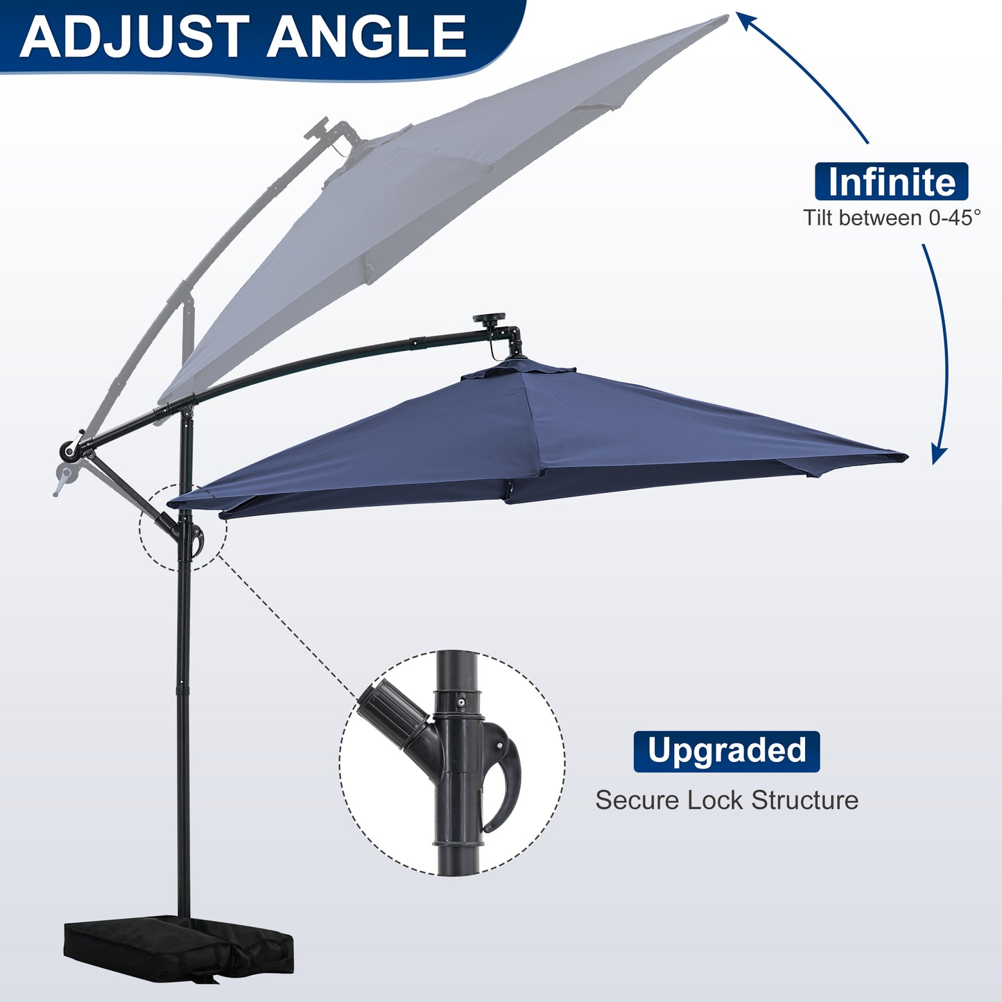 Autlaycil 10 ft Cantilever Offset Outdoor Patio Umbrella with Base Stand Rotate and Tilt,24 Solar LED Lights, Navy Blue