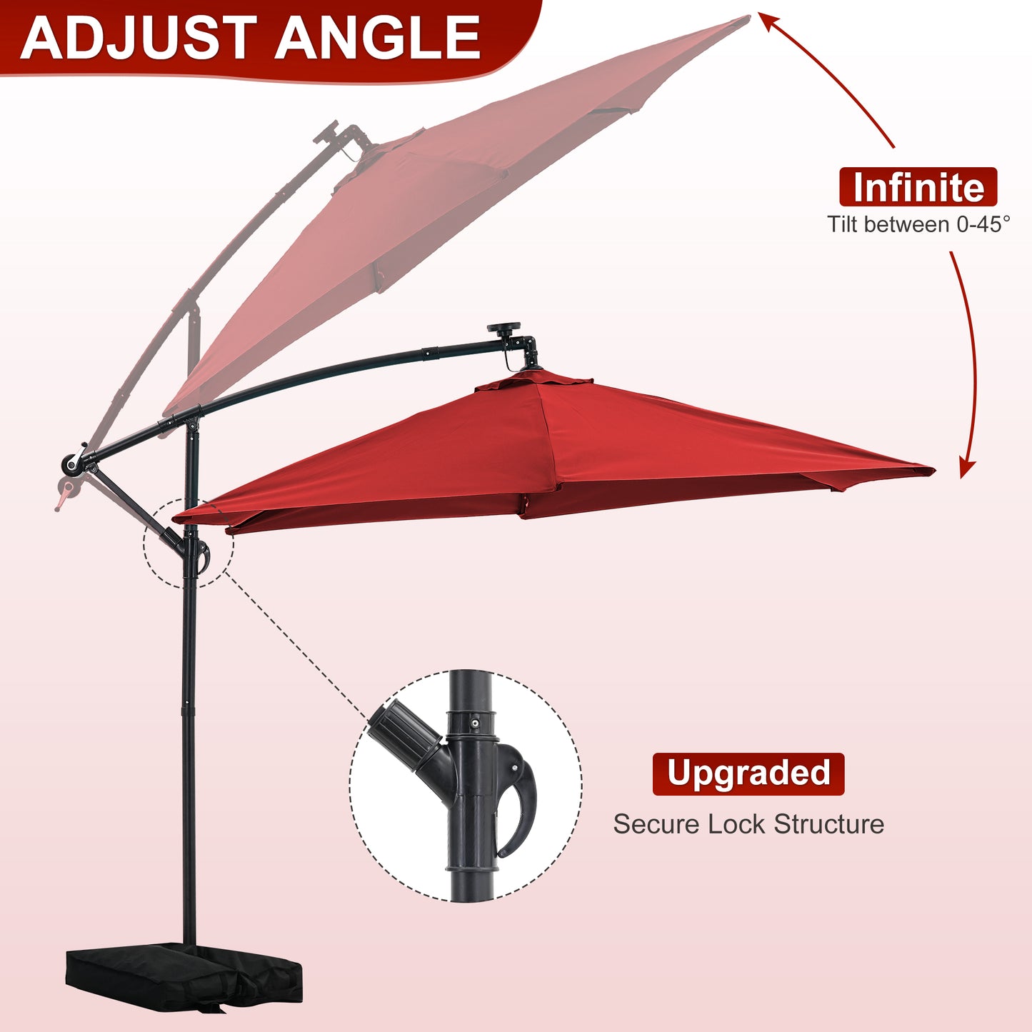 Autlaycil 10 ft Cantilever Offset Outdoor Patio Umbrella with Base Stand Rotate and Tilt,24 Solar LED Lights, Red