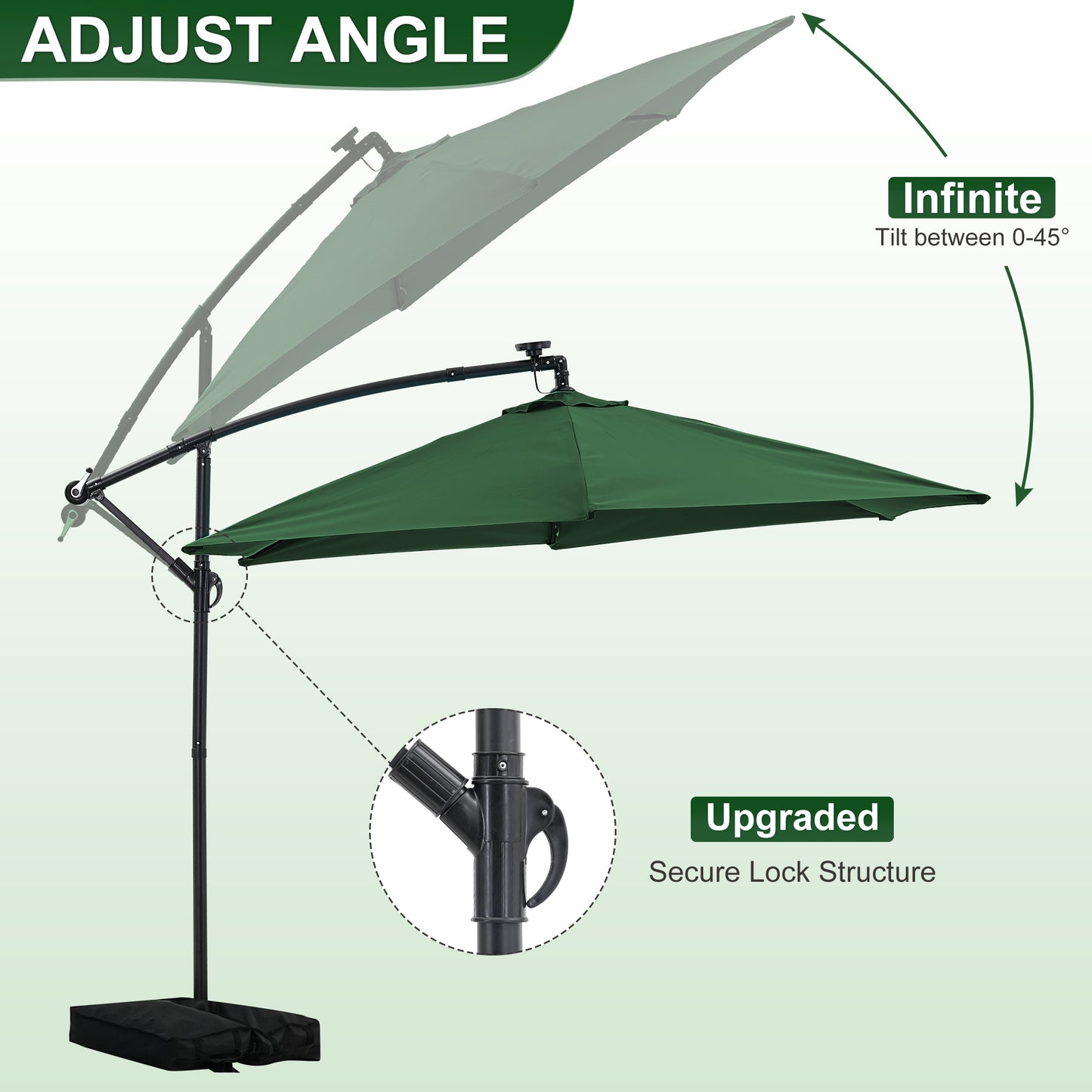 Autlaycil 10 ft Cantilever Offset Outdoor Patio Umbrella with Base Stand Rotate and Tilt,24 Solar LED Lights, Green