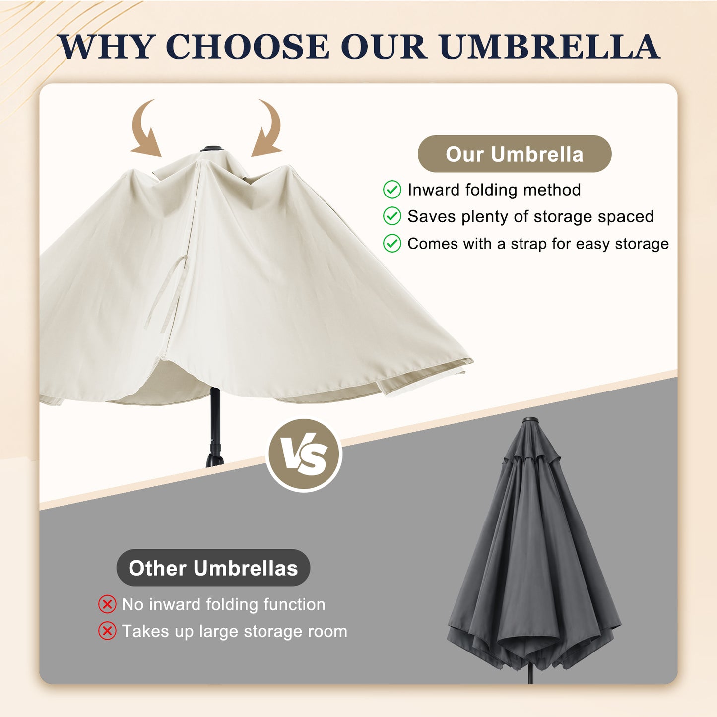 Autlaycil 10ft Solar Patio Umbrella with Lights, 3-Tier Windproof Stable Frame, Spider-arm Structure with Steel Tilt and Crank-Beige