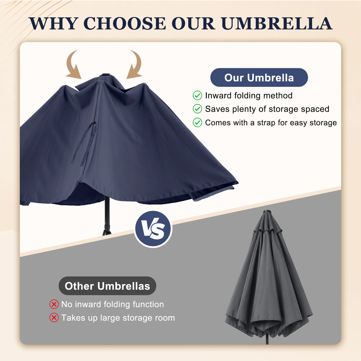Autlaycil 10ft Solar Patio Umbrella with Lights, 3-Tier Windproof Stable Frame, Spider-arm Structure with Steel Tilt and Crank-Navy Blue