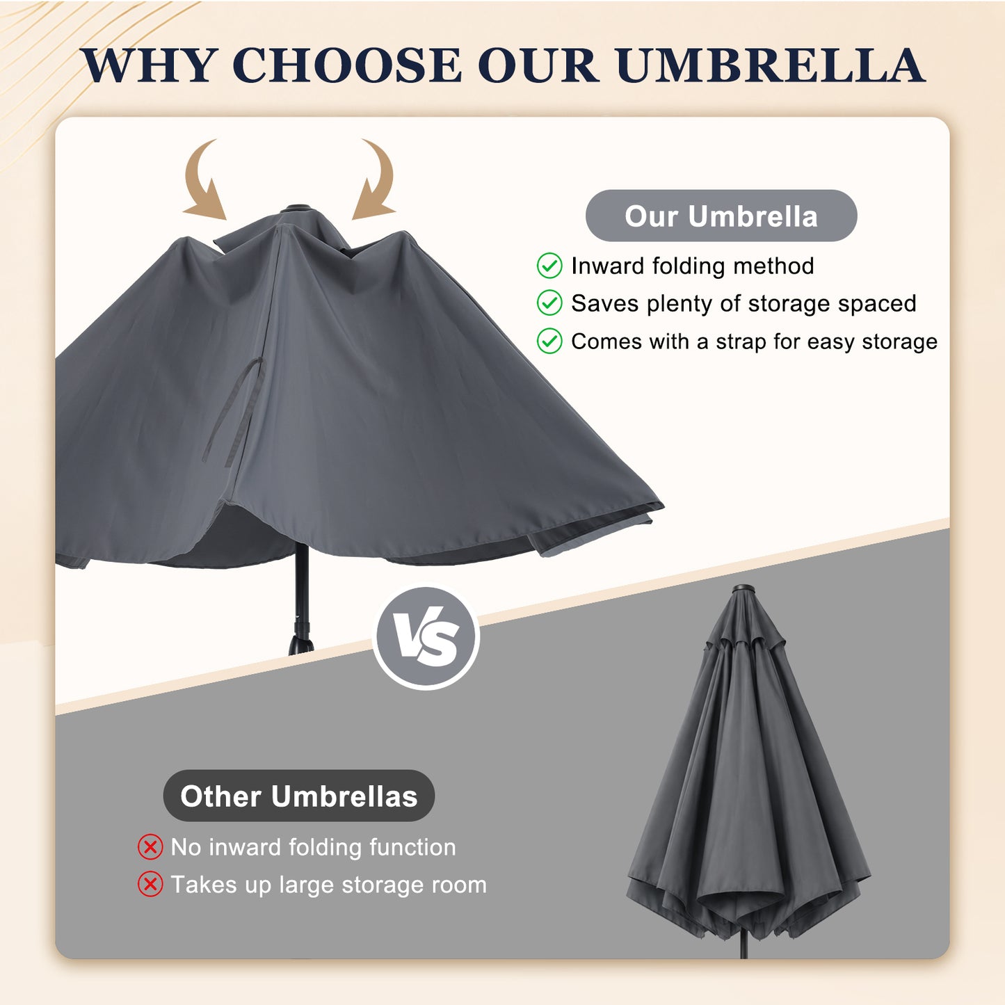 Autlaycil 10ft Solar Patio Umbrella with Lights, 3-Tier Windproof Stable Frame, Spider-arm Structure with Steel Tilt and Crank-Gray