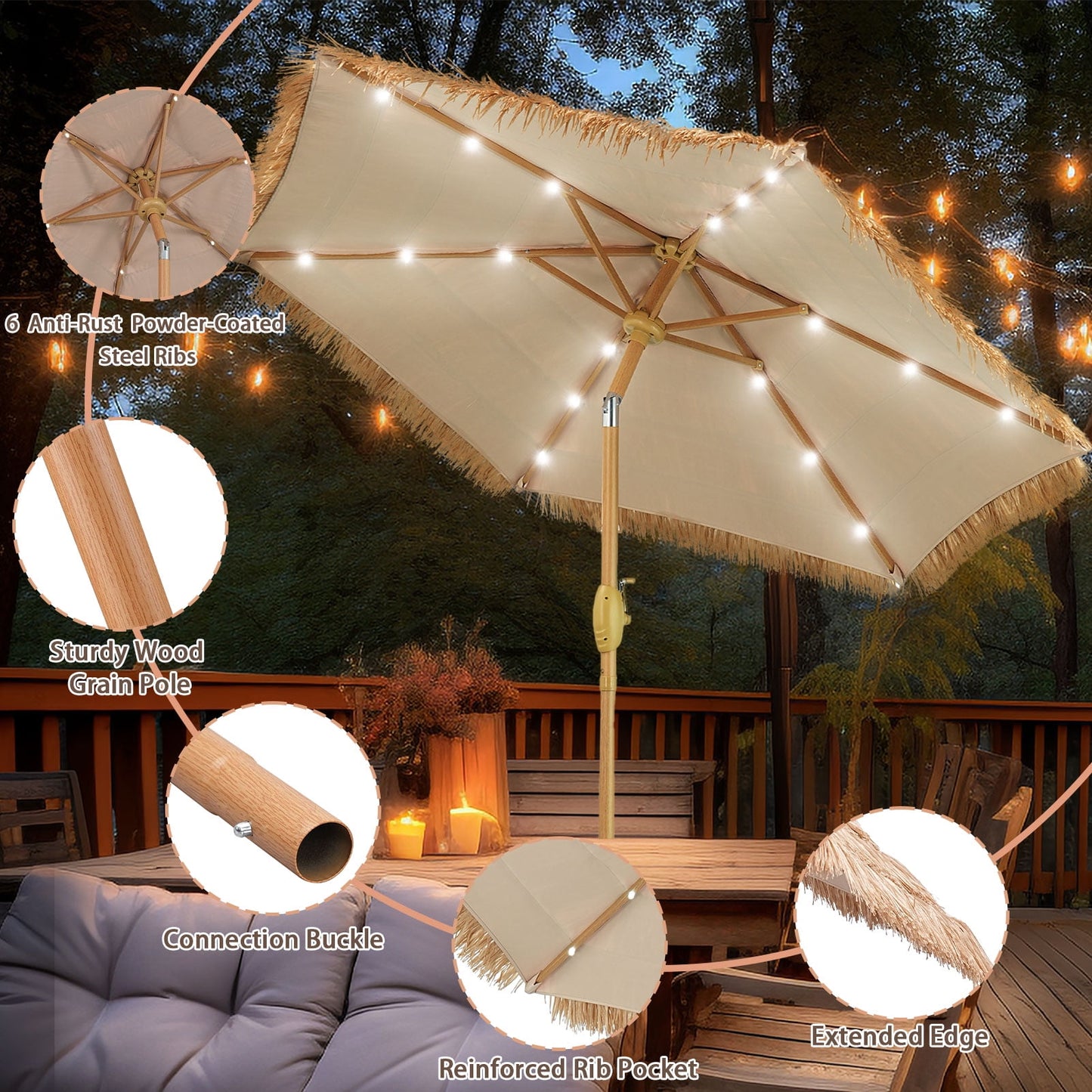 Autlaycil 7.5 ft Hula Tik Patio Umbrella with Base, 18 Solar LED Lights, Plastic straw, Outdoor, Pool, Beach