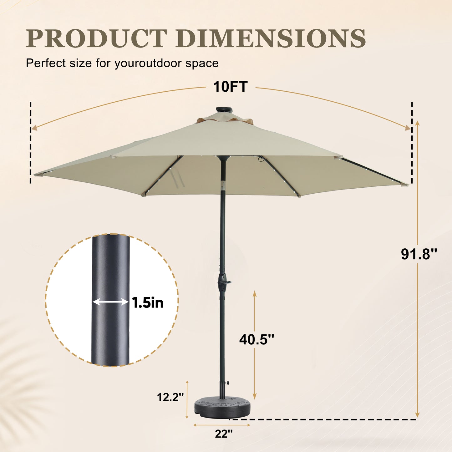 Autlaycil 10ft Beige Solar Patio Umbrella with Stand and Lights, 3-Tier Windproof Stable Frame, Spider-arm Structure, 95 lbs Sand Filled 67 lbs Water Filled Outdoor Base