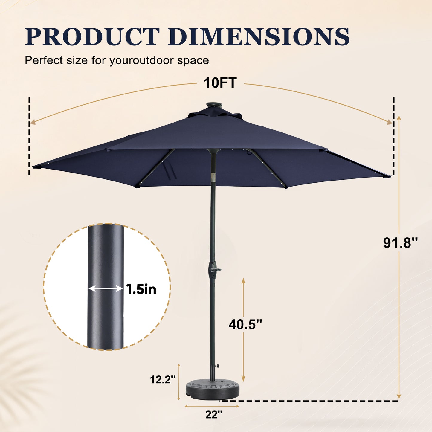 Autlaycil 10ft Navy Blue Solar Patio Umbrella with Stand and Lights, 3-Tier Windproof Stable Frame, Spider-arm Structure, 95 lbs Sand Filled 67 lbs Water Filled Outdoor Base
