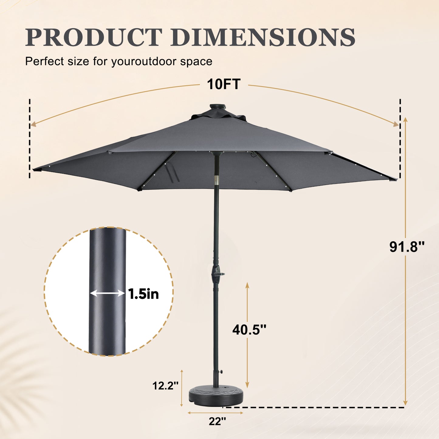 Autlaycil 10ft Gray Solar Patio Umbrella with Stand and Lights, 3-Tier Windproof Stable Frame, Spider-arm Structure, 95 lbs Sand Filled 67 lbs Water Filled Outdoor Base