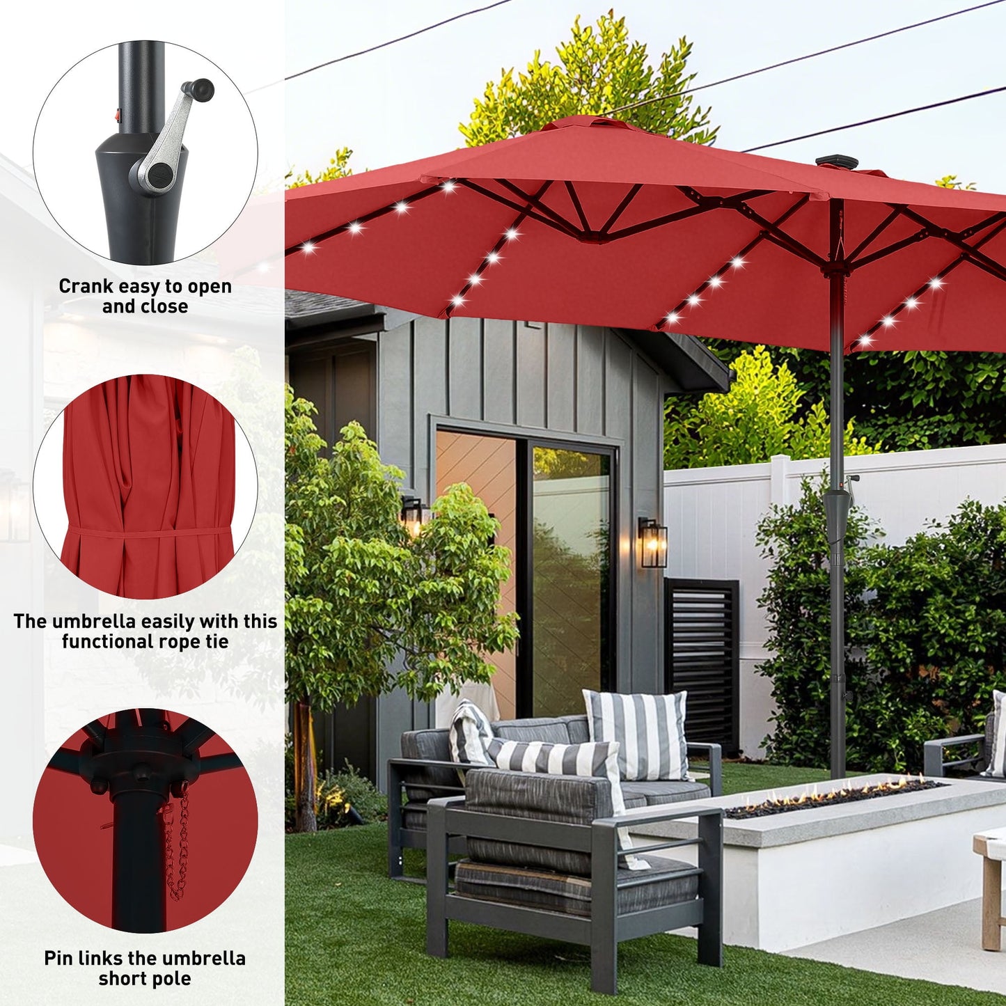Autlaycil 15ft Large Rectangle Outdoor Patio Umbrella and 48 Solar Lights with Matching Base, Market, Beach, Garden, Yard, Party, Red