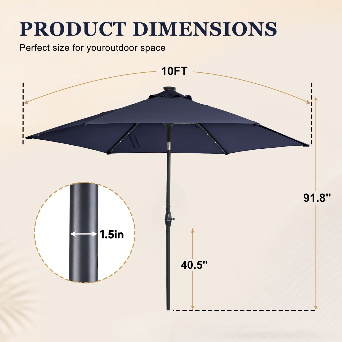 Autlaycil 10ft Solar Patio Umbrella with Lights, 3-Tier Windproof Stable Frame, Spider-arm Structure with Steel Tilt and Crank-Navy Blue