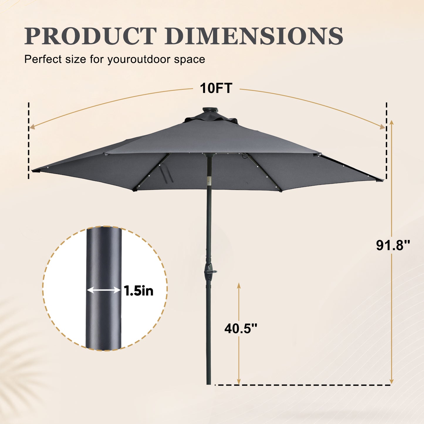 Autlaycil 10ft Solar Patio Umbrella with Lights, 3-Tier Windproof Stable Frame, Spider-arm Structure with Steel Tilt and Crank-Gray
