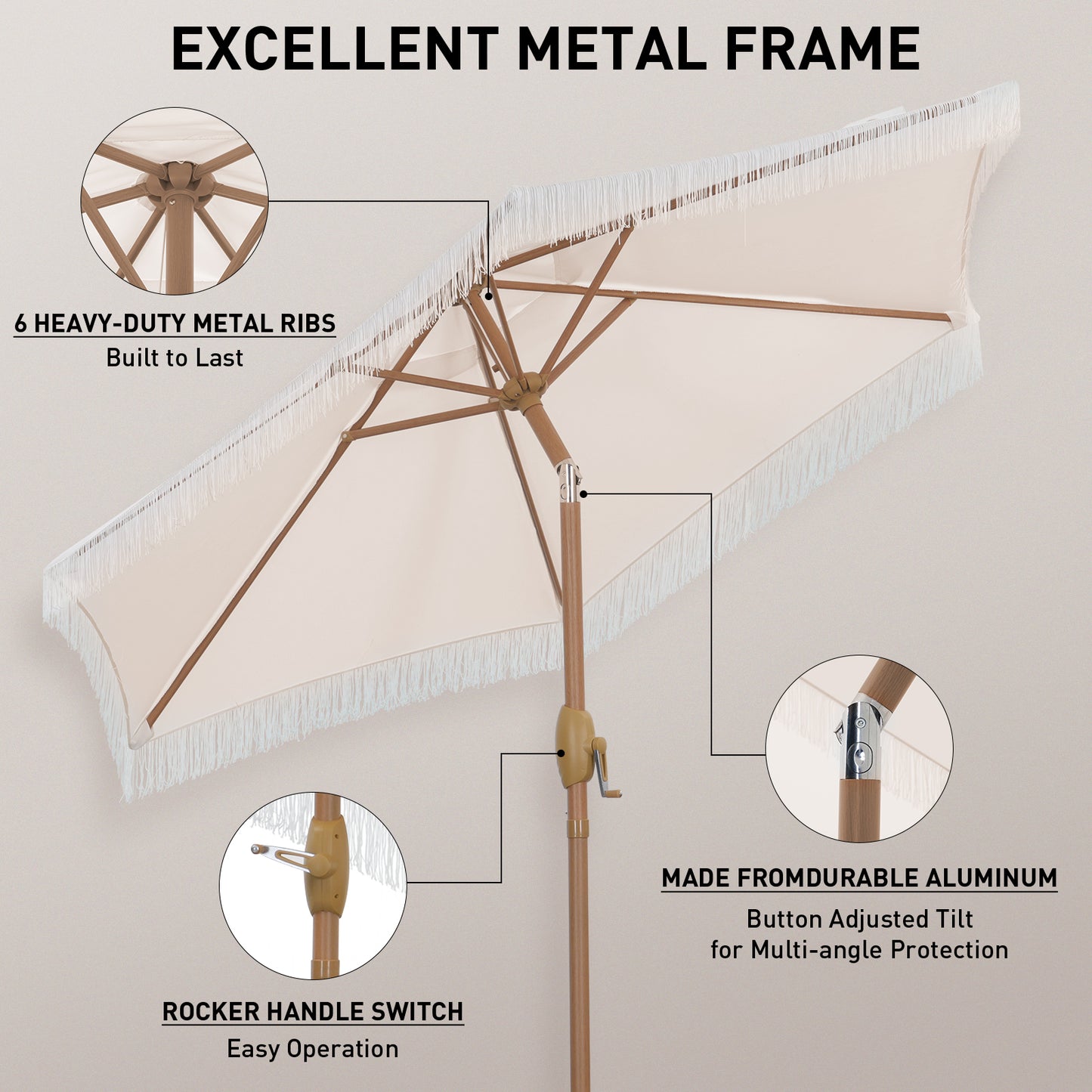 Autlaycil 7.5 ft Tassel Patio Umbrella with Umbrella Base, Fringe Stylish Beach, Pool, Adjustable Outdoor Market Umbrellas (Beige)
