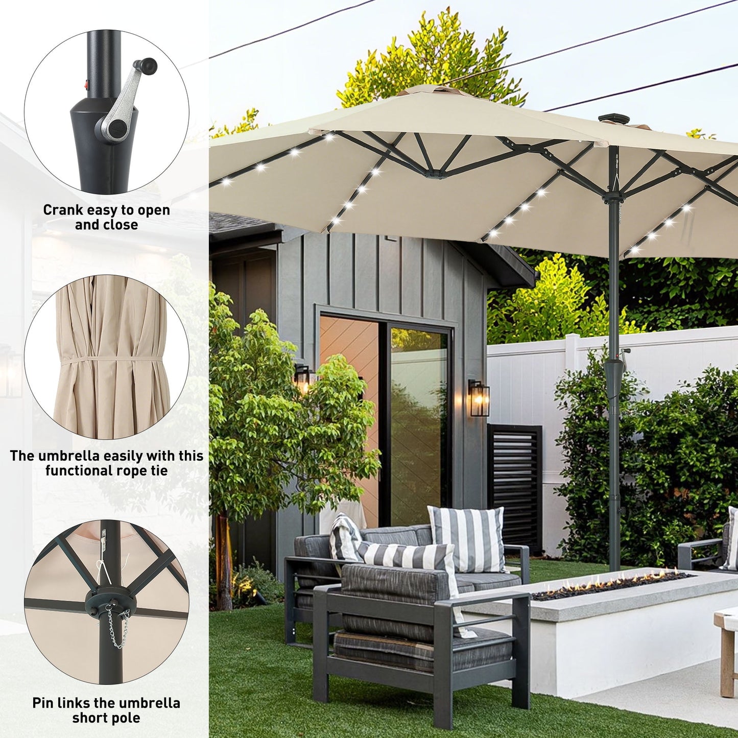 Autlaycil 15ft Large Rectangle Outdoor Patio Umbrella and 48 Solar Lights with Matching Base, Market, Beach, Garden, Yard, Party, Khaki