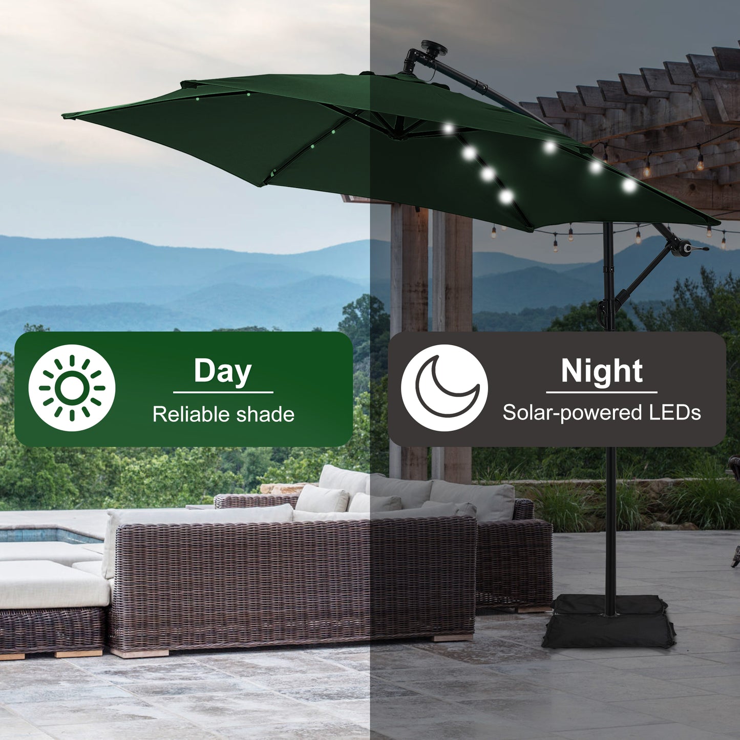 Autlaycil 10 ft Cantilever Offset Outdoor Patio Umbrella with Base Stand Rotate and Tilt,24 Solar LED Lights, Green