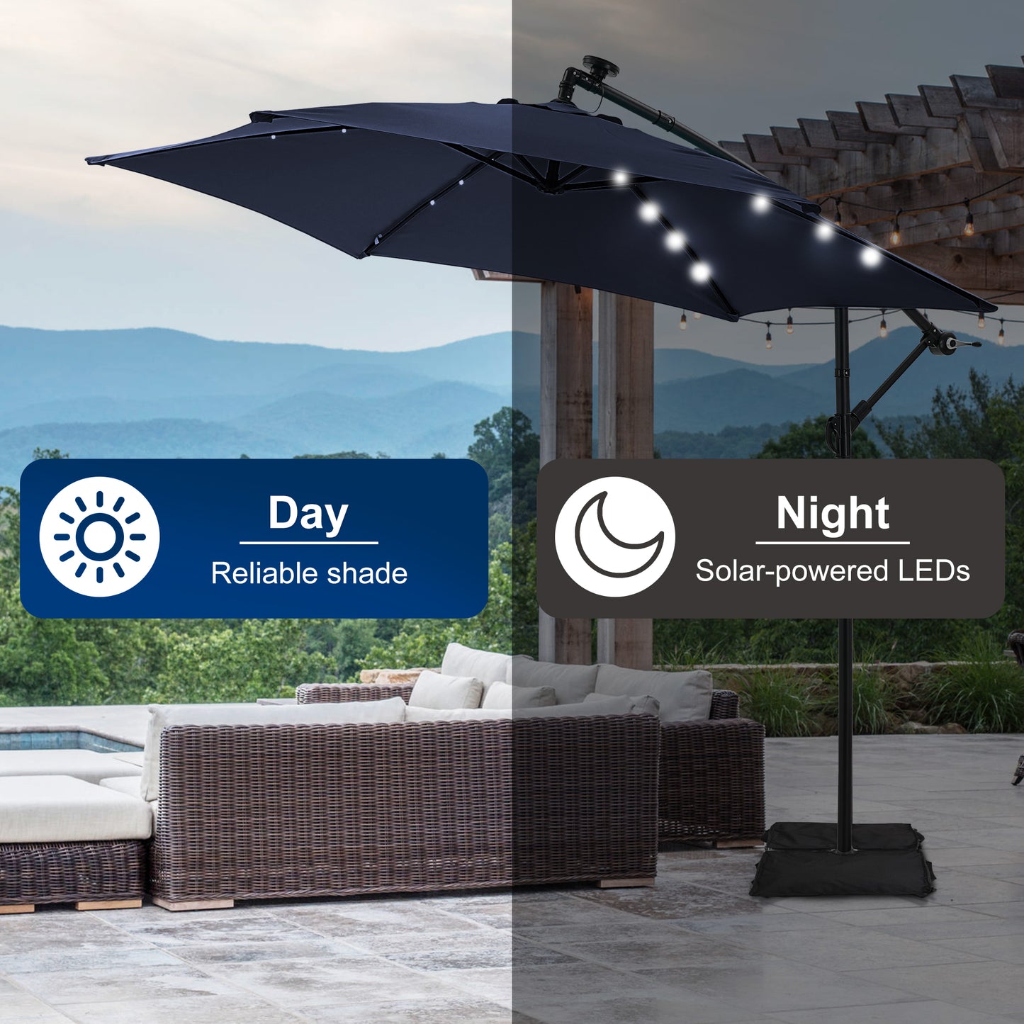 Autlaycil 10 ft Cantilever Offset Outdoor Patio Umbrella with Base Stand Rotate and Tilt,24 Solar LED Lights, Navy Blue