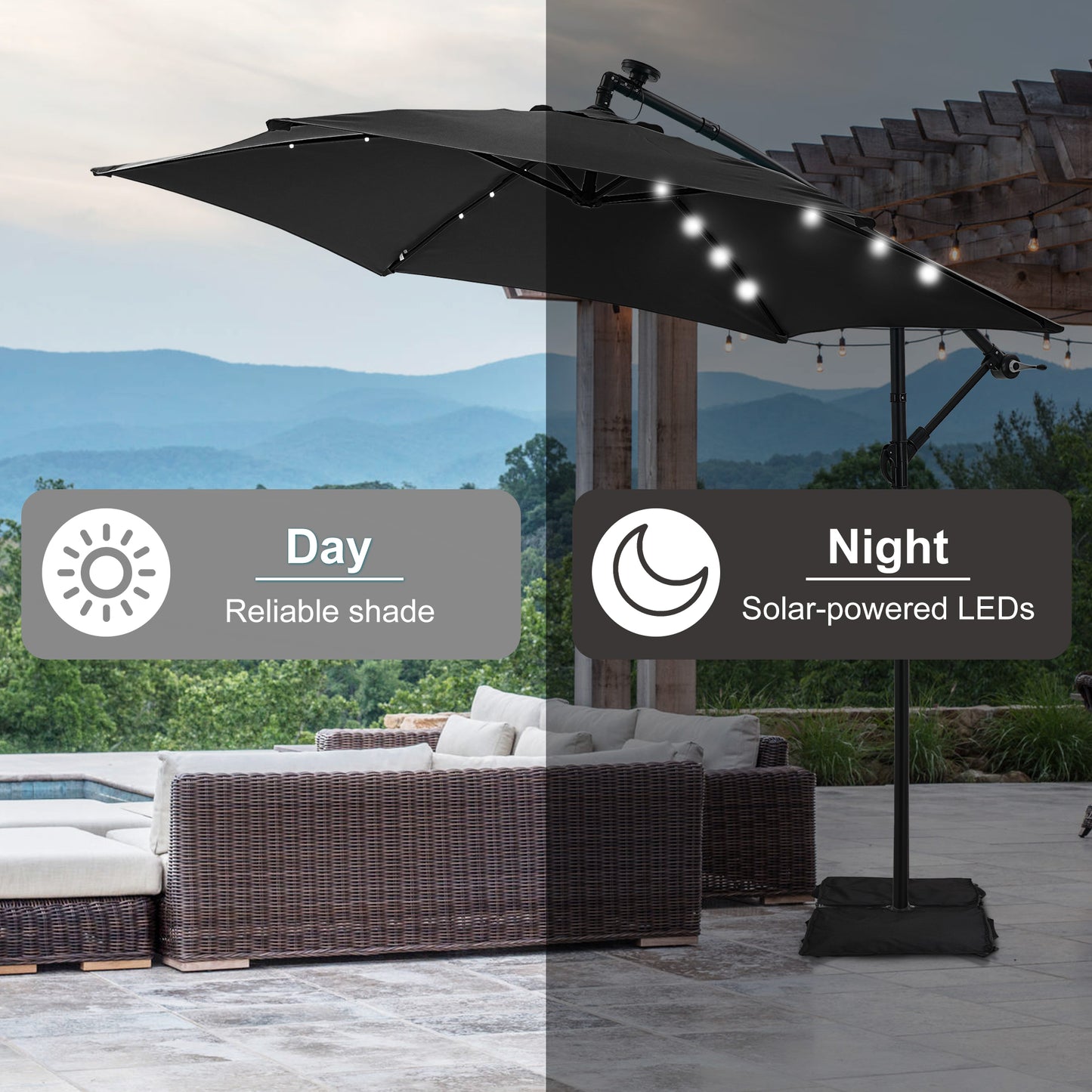 Autlaycil 10 ft Cantilever Offset Outdoor Patio Umbrella with Base Stand Rotate and Tilt,24 Solar LED Lights, Black