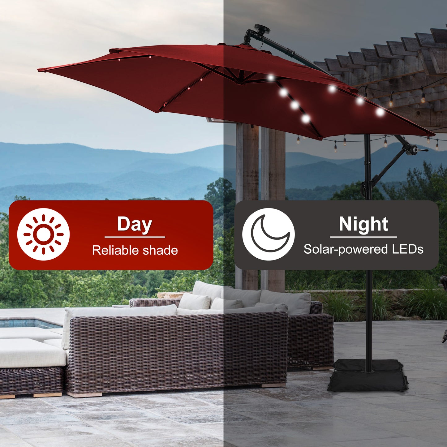 Autlaycil 10 ft Cantilever Offset Outdoor Patio Umbrella with Base Stand Rotate and Tilt,24 Solar LED Lights, Red
