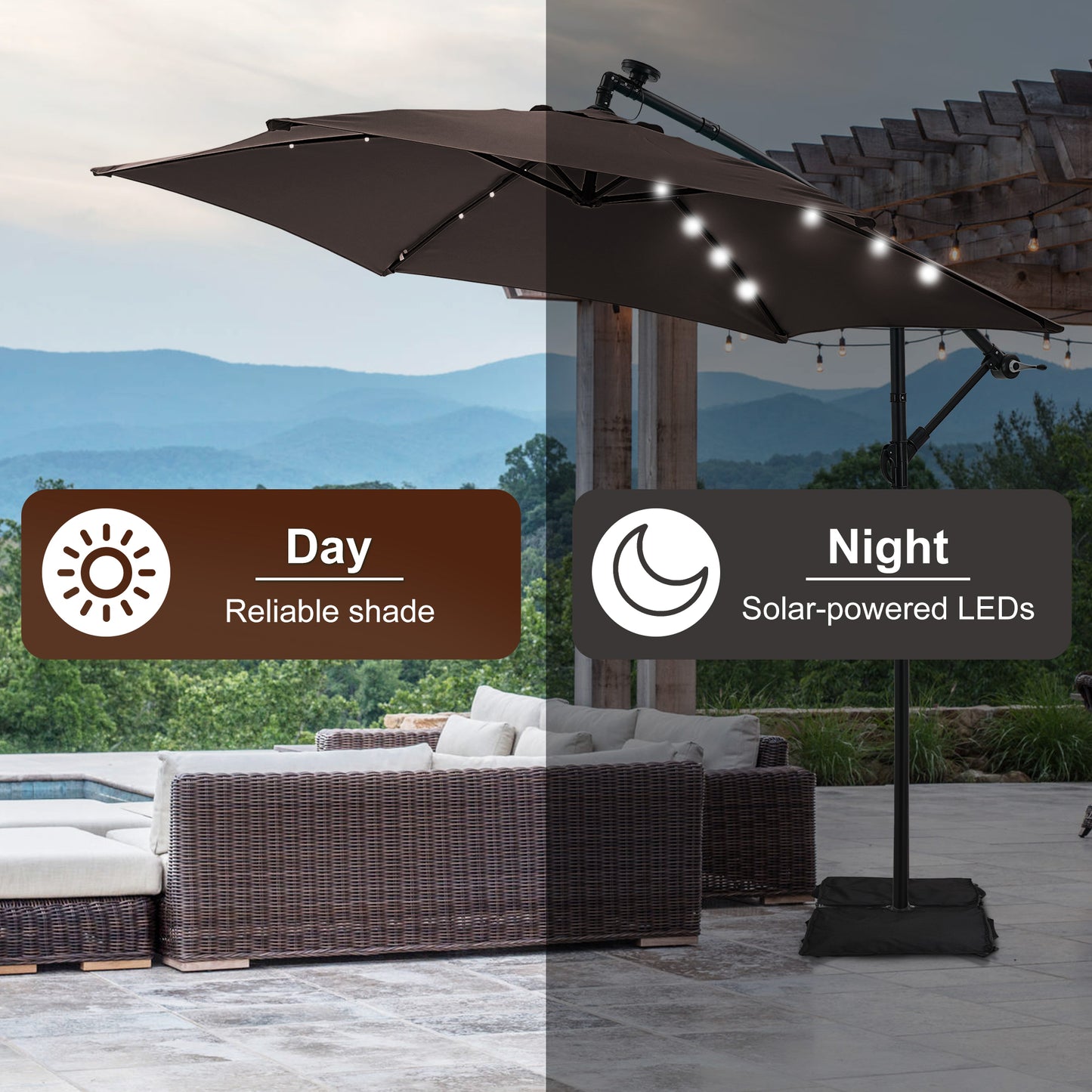 Autlaycil 10 ft Cantilever Offset Outdoor Patio Umbrella with Base Stand Rotate and Tilt,24 Solar LED Lights, Coffee