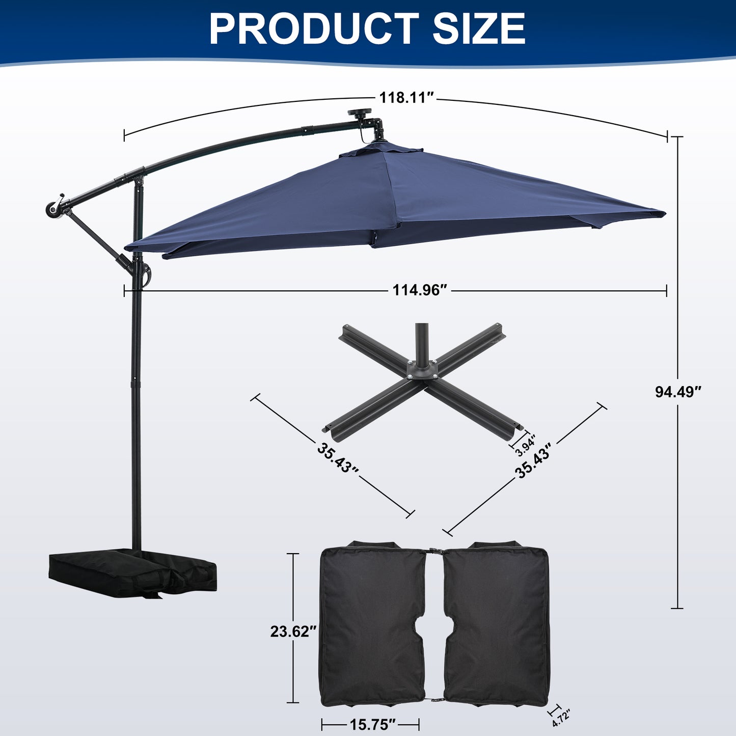 Autlaycil 10 ft Cantilever Offset Outdoor Patio Umbrella with Base Stand Rotate and Tilt,24 Solar LED Lights, Navy Blue