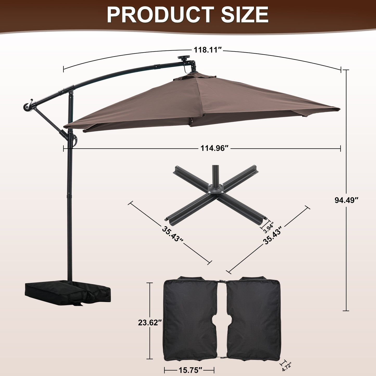 Autlaycil 10 ft Cantilever Offset Outdoor Patio Umbrella with Base Stand Rotate and Tilt,24 Solar LED Lights, Coffee