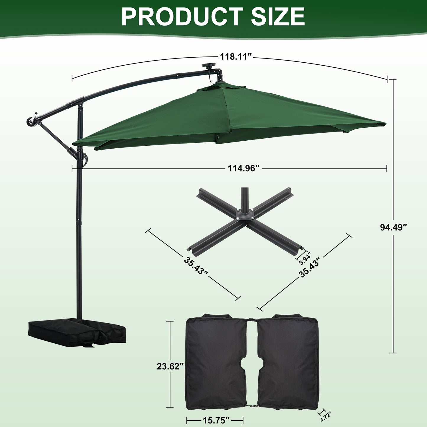 Autlaycil 10 ft Cantilever Offset Outdoor Patio Umbrella with Base Stand Rotate and Tilt,24 Solar LED Lights, Green