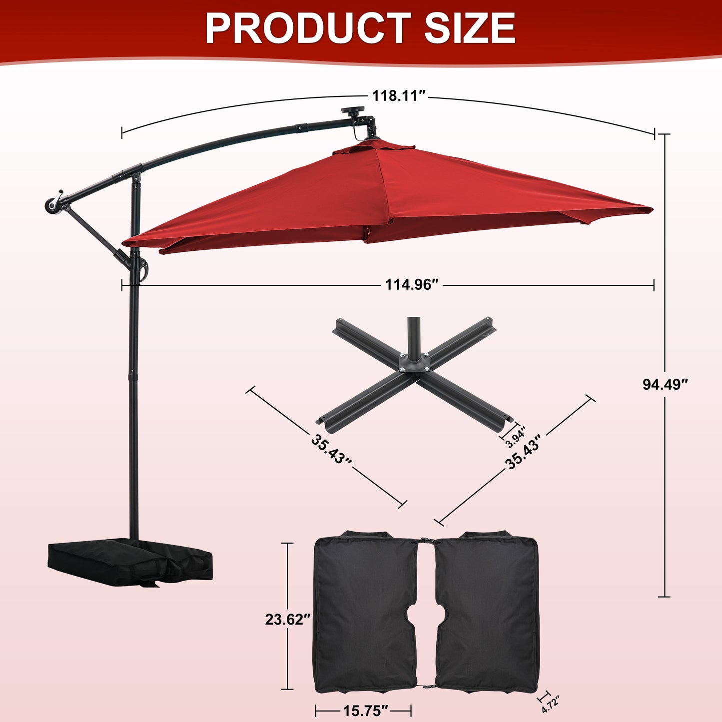 Autlaycil 10 ft Cantilever Offset Outdoor Patio Umbrella with Base Stand Rotate and Tilt,24 Solar LED Lights, Red