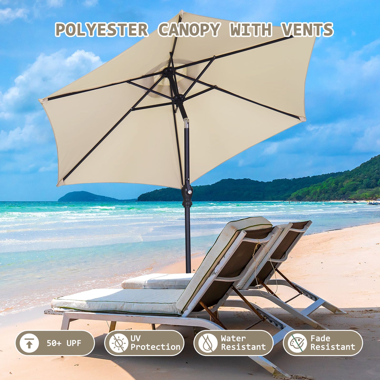 Autlaycil 7.5 ft Beige Patio Umbrella and Decorated Base, with Push Button Tilt and Crank for Beach, Pool, Outdoor