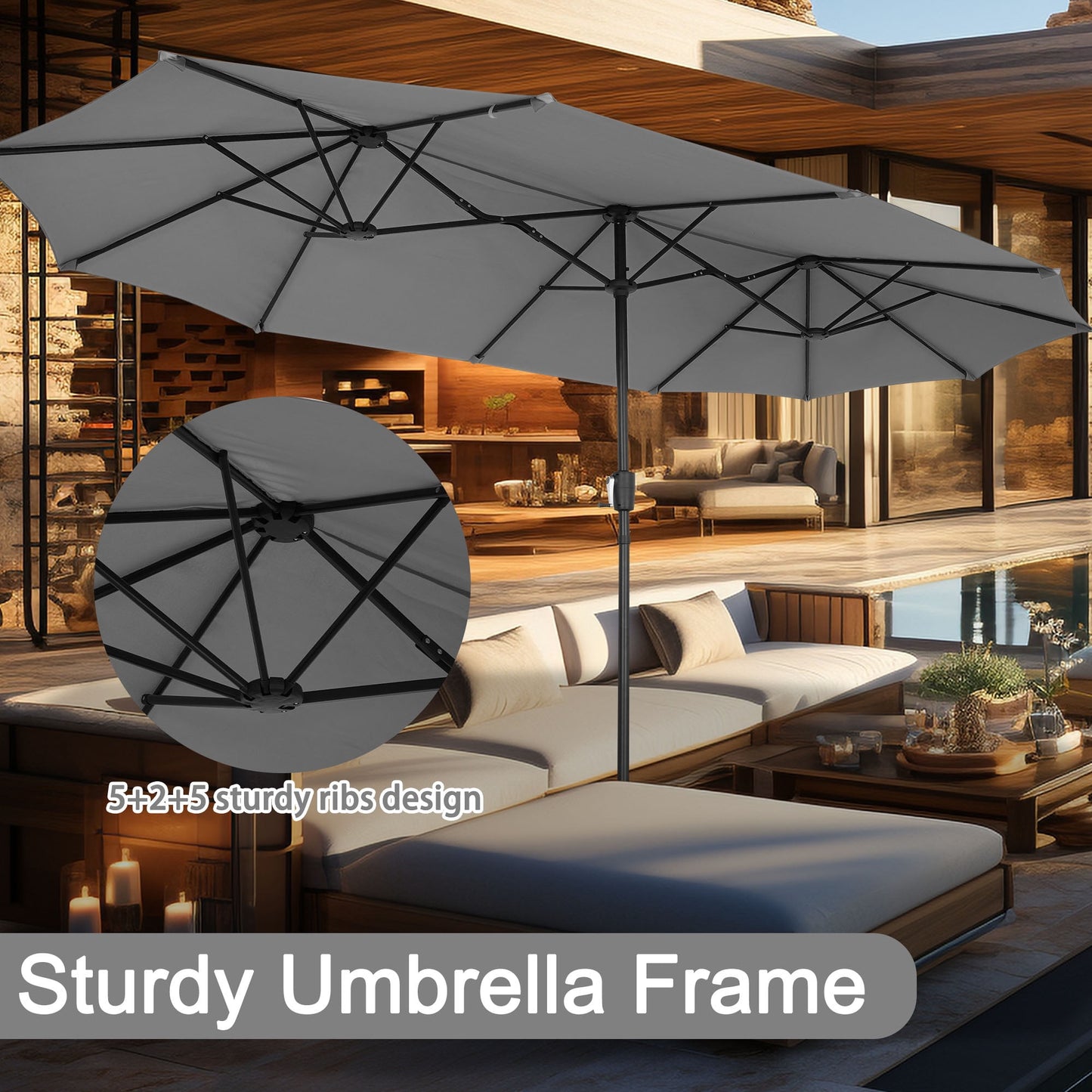 Autlaycil 13 ft Rectangle Patio Umbrella with Crank, Outdoor Market Umbrella with Umbrella Base (Grey)