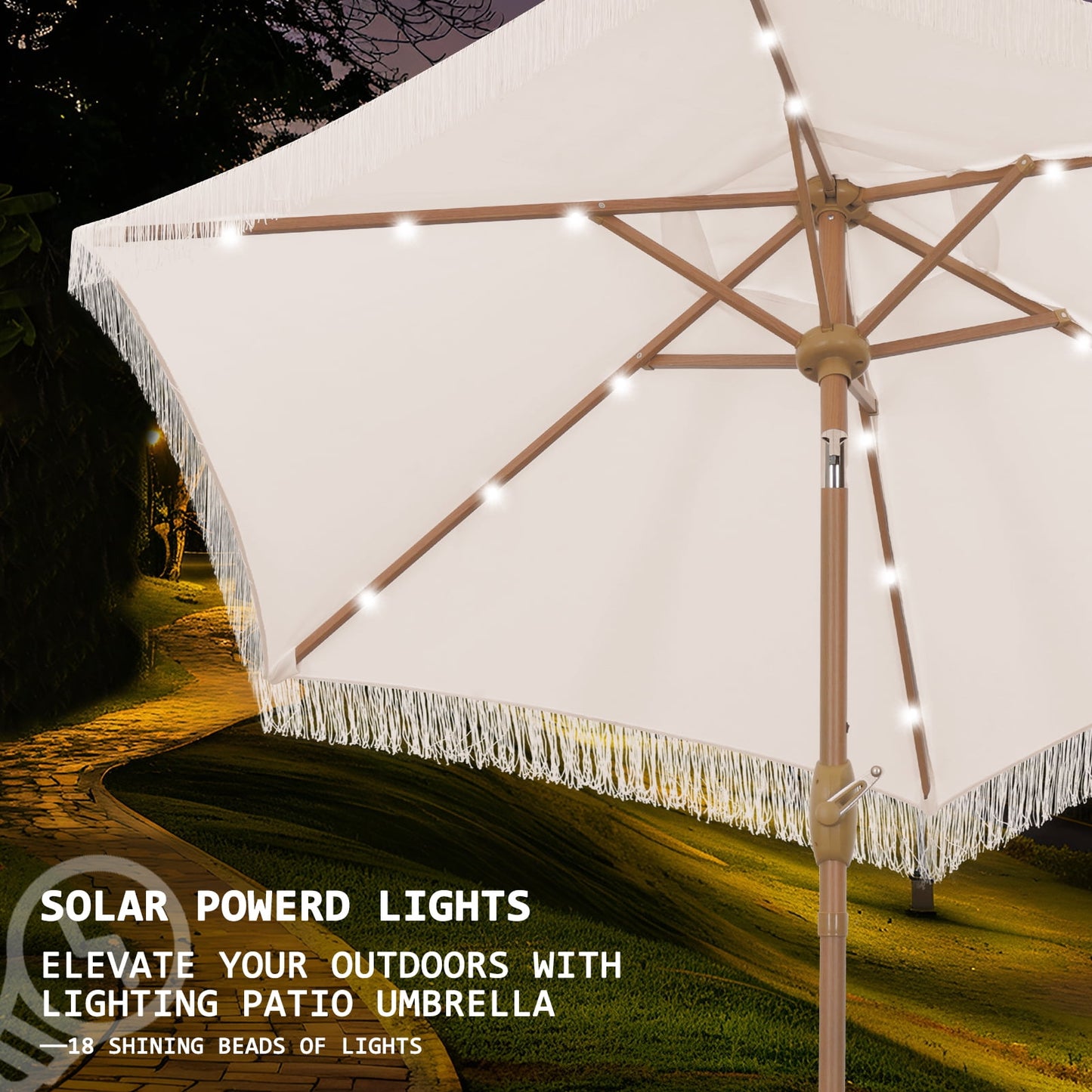 Autlaycil 7.5 ft Off White Tassel Patio Umbrella with Base, 18 LED Lights Solar, and Push Button Tilt and Crank