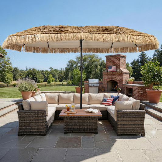Autlaycil 13 ft Hula Tiki Patio Umbrella with Base, Hawaiian Style, Pool, Patio, Beach