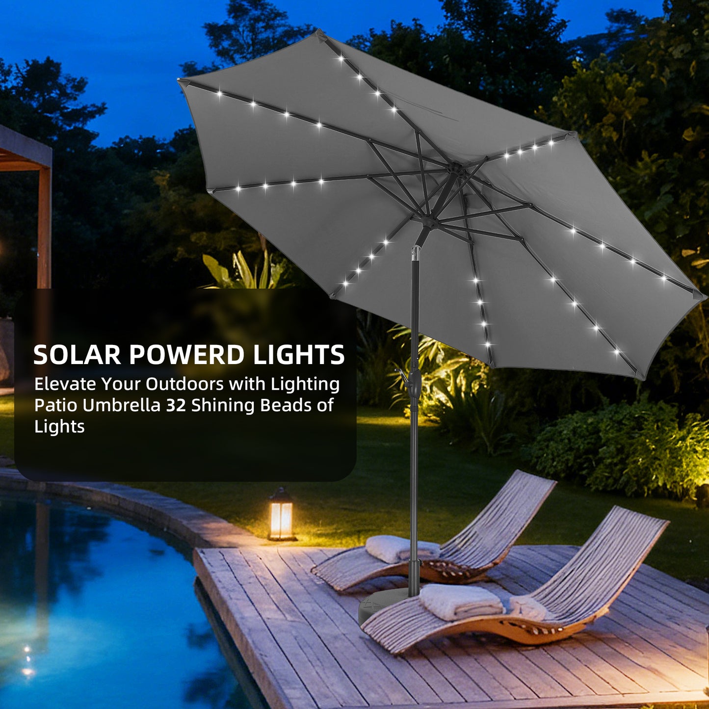 Autlaycil 10ft Gray Patio Umbrellas 32 Solar LED Lights Outdoor Market Umbrella with Tilt Crank, Solar Umnrella