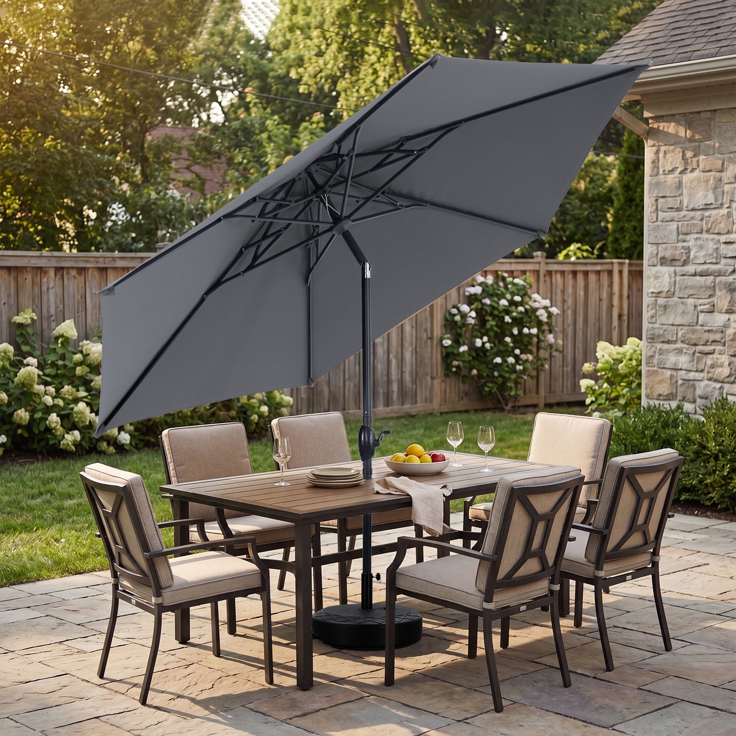 Autlaycil 10ft Gray Patio Umbrella with Stand, 3-Tier Windproof Stable Frame, Spider-arm Structure, 95 lbs Sand Filled 67 lbs Water Filled Outdoor Base