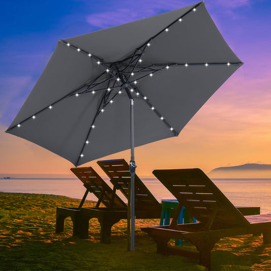 Autlaycil 10ft Gray Solar Patio Umbrella with Lights, 3-Tier Windproof Stable Frame, Spider-arm Structure for Pool, Yard, Garden, Deck, Outdoor