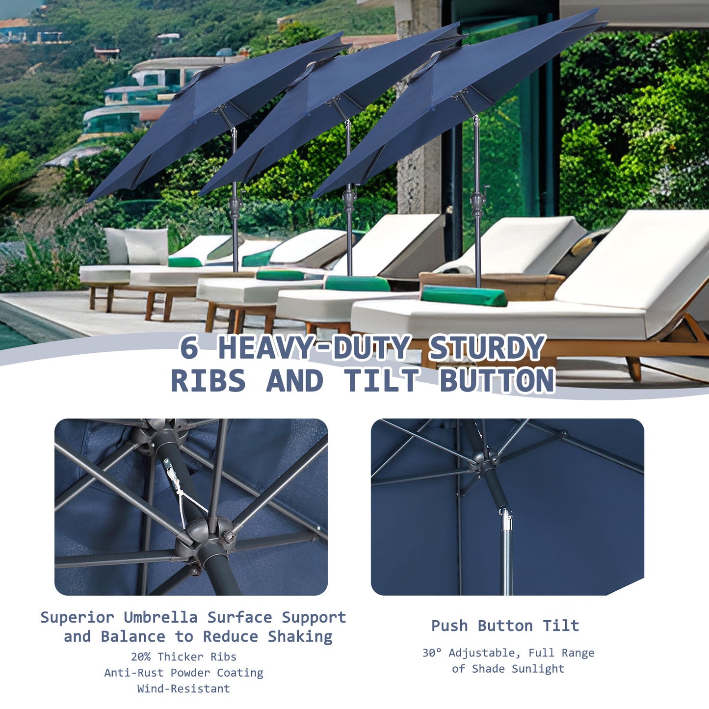 Autlaycil 7.5ft Navy Blue Outdoor Patio Umbrella with Tilt, Crank and Sturdy Ribs for Lawn, Garden, Backyard and Pool
