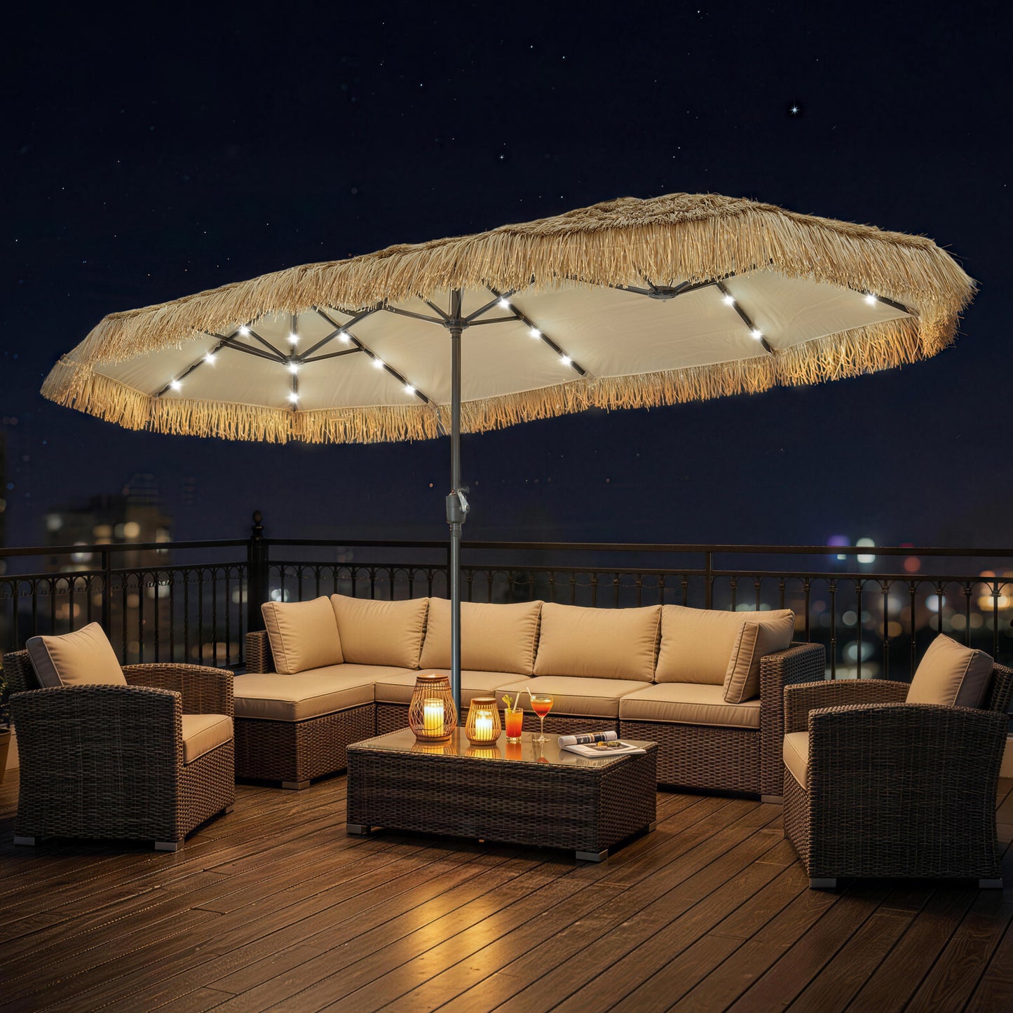 Autlaycil 13 ft Tiki Patio Umbrellas with Base and 36 Lights, Solar Patio Umbrella,Thatched, Grass, Pool, Outdooor, Beach
