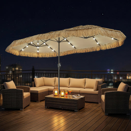 Autlaycil 13 ft Tiki Patio Umbrellas with Base and 36 Lights, Solar Patio Umbrella,Thatched, Grass, Pool, Outdooor, Beach