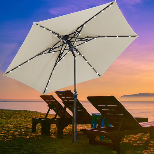 Autlaycil 10ft Beige Solar Patio Umbrella with Lights, 3-Tier Windproof Stable Frame, Spider-arm Structure for Pool, Yard, Garden, Deck, Outdoor